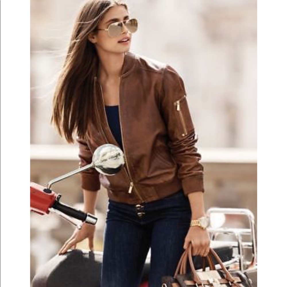 Michael Kors Washed Leather Bomber Jacket